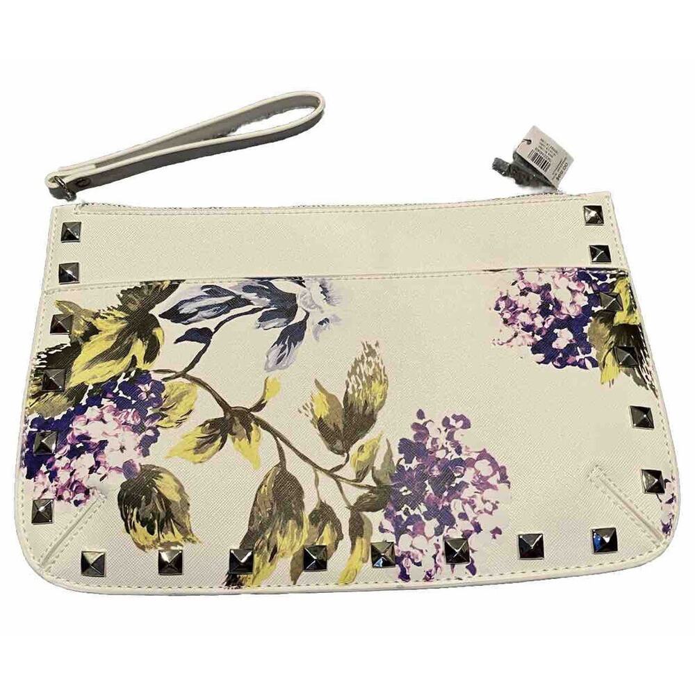 White House Black Market Floral Wristlet Purse White Purple Green Studded NWT
